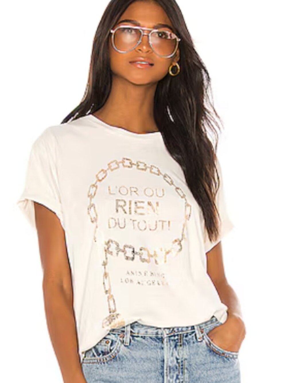 ANINE BING Women's Ringo Tee Cream Crewneck Logo with Gold Chain T-Shirt Size SP